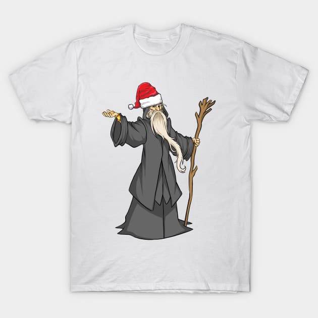 Funny Christmas Holiday Santa Hat-Wearing Magical Wizard T-Shirt by Contentarama
